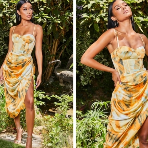 Gold Tie Dye Ruched Side Midi Dress - Adorah main image 1